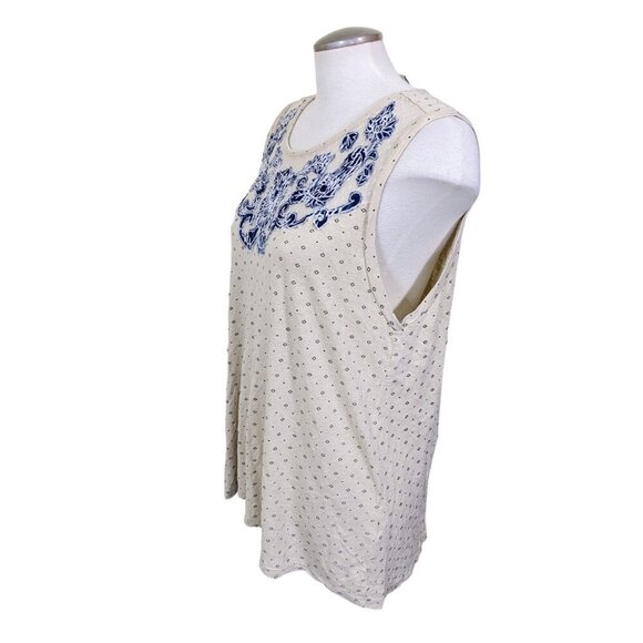 Lucky Brand Tank Top Womens Size XL Linen Blend Beige Blue Applique Diamond Dot - Picture 6 of 8